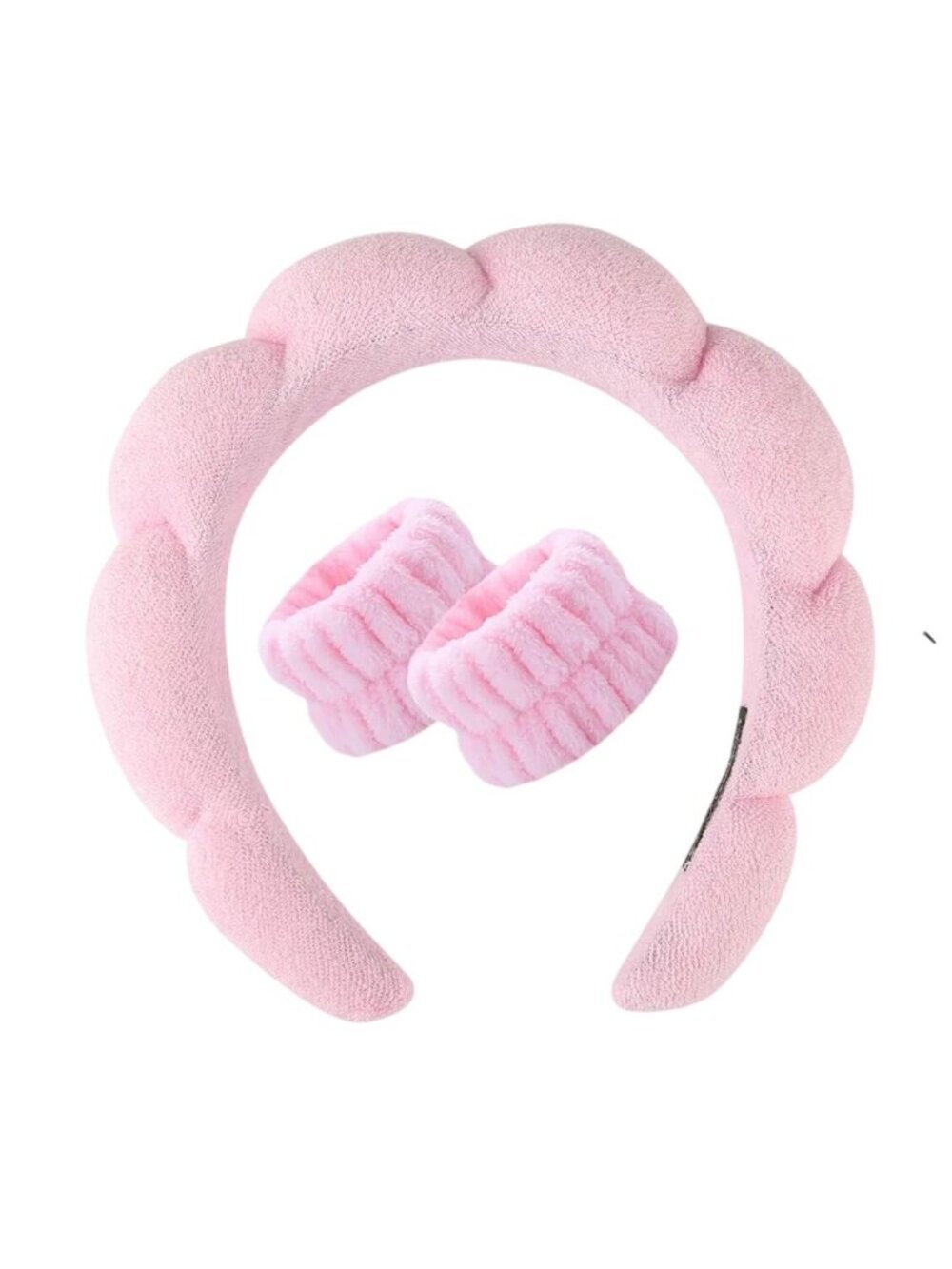 Mapicmnt Pink Plush Makeup Headband & Wristbands Set For Spa Skincare Or Beauty